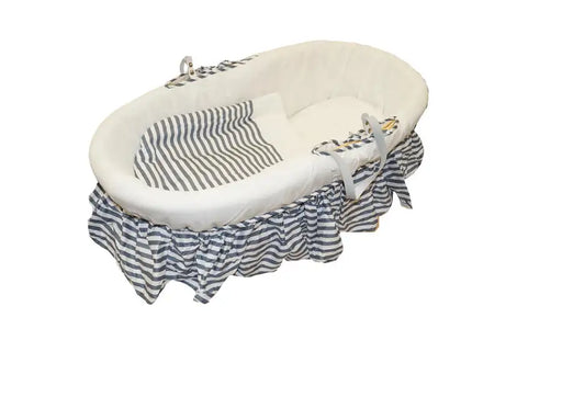Natural Wicker Flat Moses & Linen Set  - White with Blue Striped Skirt (Stand is not included) - Babyonline