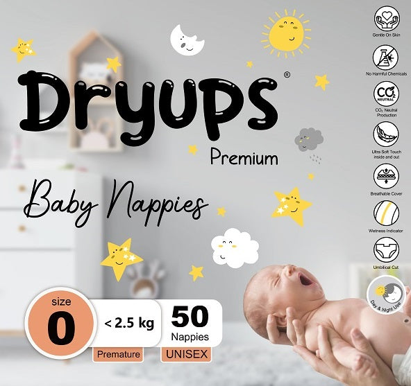 Dryups Premium Nappies Unisex Size 0 (<2.5kg) Premature (Available Mid May 2024)