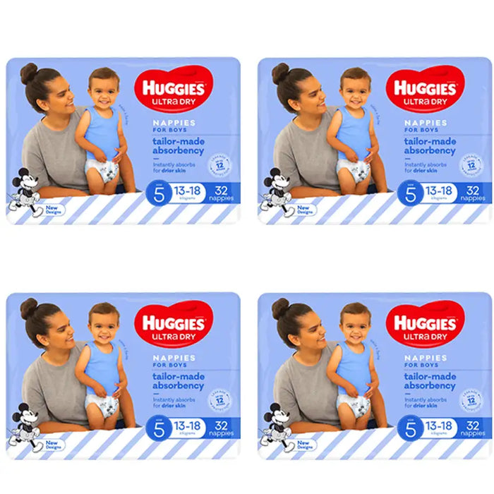 Huggies Ultra Dry - VALUE BOX Size 5 (13-18kg) BOYS 128 Nappies - Babyonline