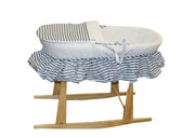 Natural Wicker Flat Moses & Linen Set  - White with Blue Striped Skirt (Stand is not included) - Babyonline