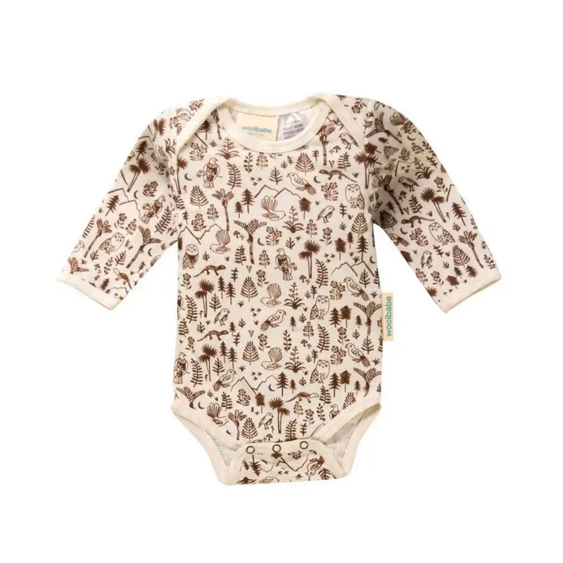 Woolbabe Long Sleeve Bodysuit - Natural Bark Wilderness - Babyonline