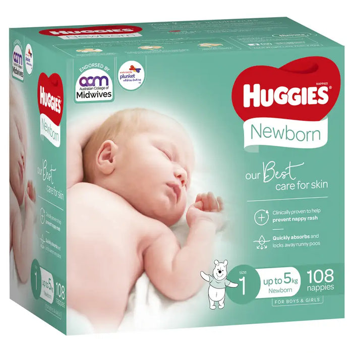 Huggies Nappies JUMBO Size 1 Newborn (up to 5kg) Unisex - 108 Nappies - Babyonline