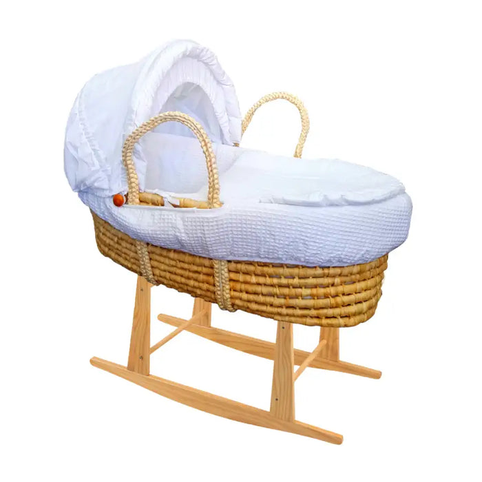 Easter Special - Nova Natural Moses Basket with Linen Set & Stand - White Waffle - Babyonline