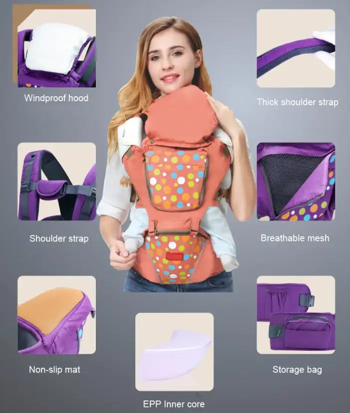 Luxury Multi-Functional Baby Hip Seat Carrier -  Purple with circles - Babyonline