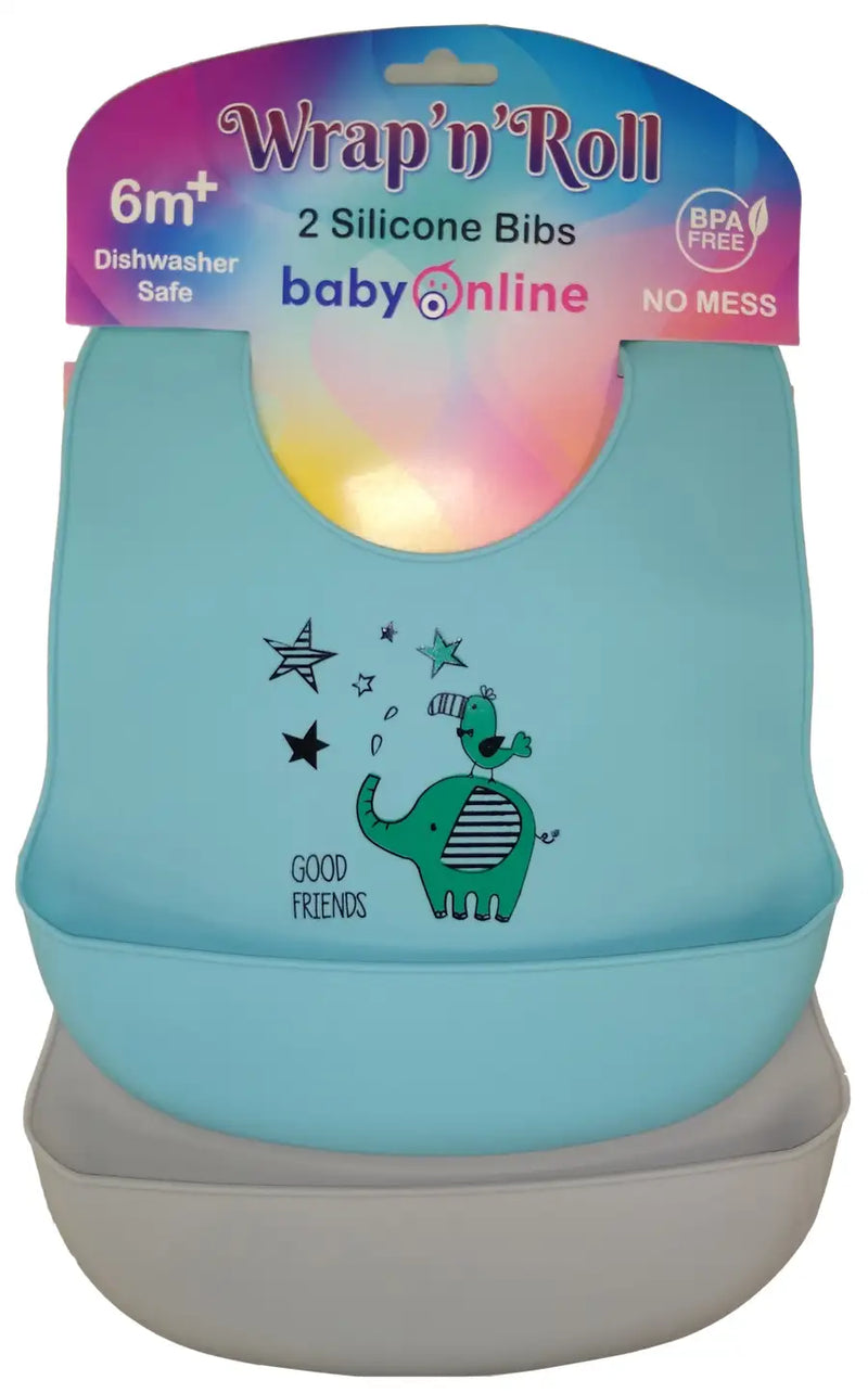 Wrap n Roll Silicone Bibs - pack of 2 - BLUE/GREY - Babyonline