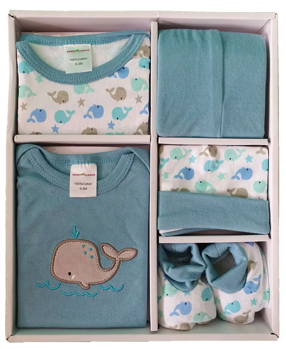 Sweet Cheeks 5 Piece Clothing Gift Set - BLUE-GREEN WHALE - Babyonline